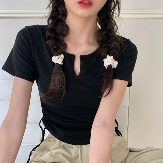 Short-Sleeve Notch Neck Plain Drawstring Waist Tee