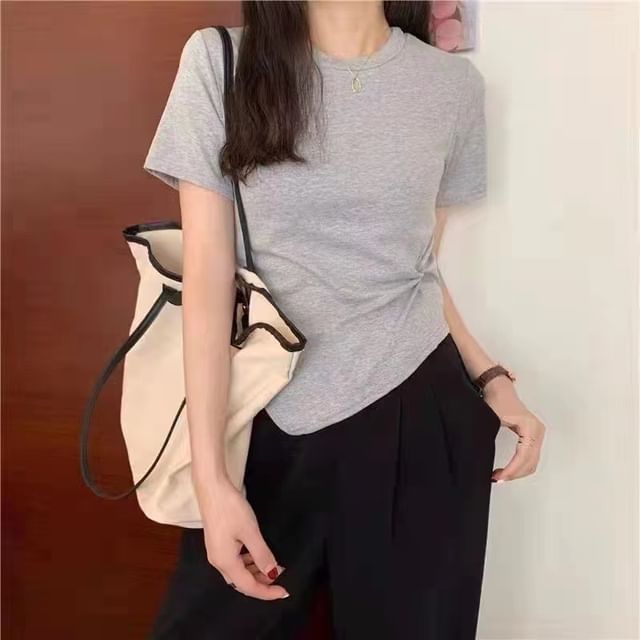 Short-Sleeve Crew Neck Plain Asymmetrical Ruched T-Shirt