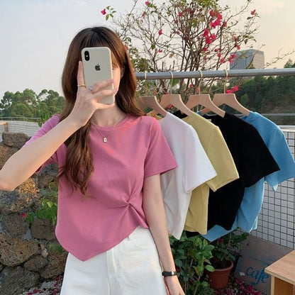 Short-Sleeve Crew Neck Plain Asymmetrical Ruched T-Shirt