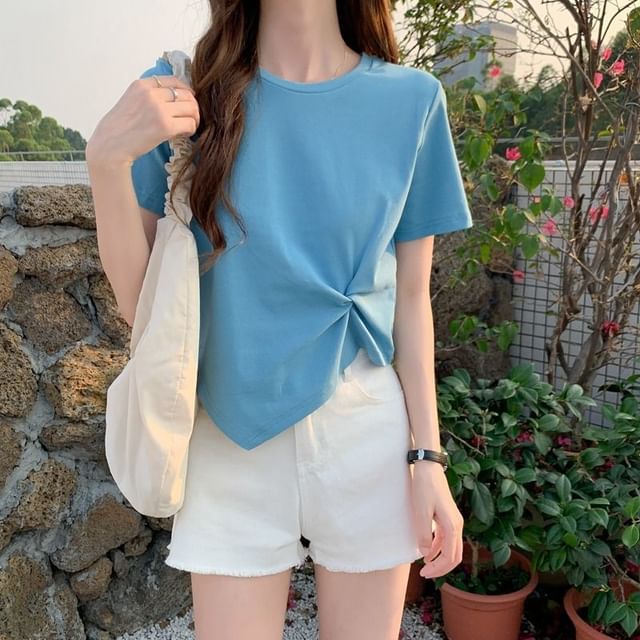 Short-Sleeve Crew Neck Plain Asymmetrical Ruched T-Shirt