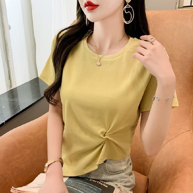 Short-Sleeve Crew Neck Plain Asymmetrical Ruched T-Shirt