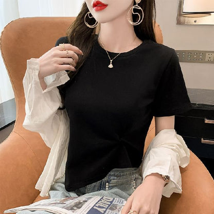 Short-Sleeve Crew Neck Plain Asymmetrical Ruched T-Shirt