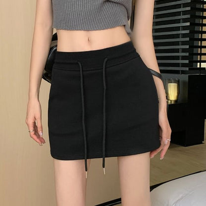 Drawstring Waist Plain Mini Pencil Skirt