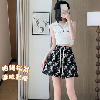 Drawstring Waist Butterfly Print Shorts