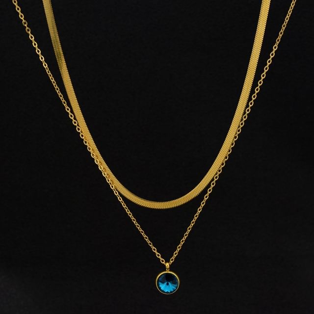 Rhinestone Pendant Layered Stainless Steel Necklace / Drop Earring / Set