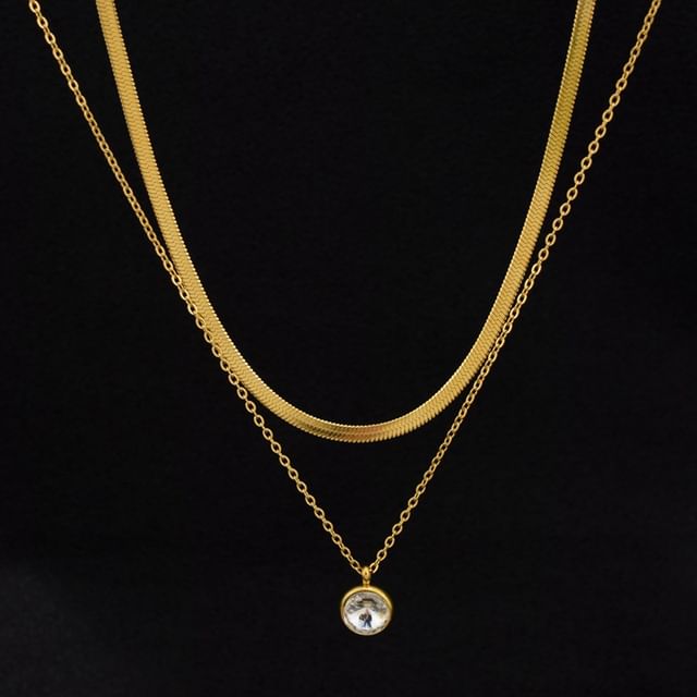 Rhinestone Pendant Layered Stainless Steel Necklace / Drop Earring / Set