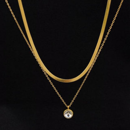 Rhinestone Pendant Layered Stainless Steel Necklace / Drop Earring / Set