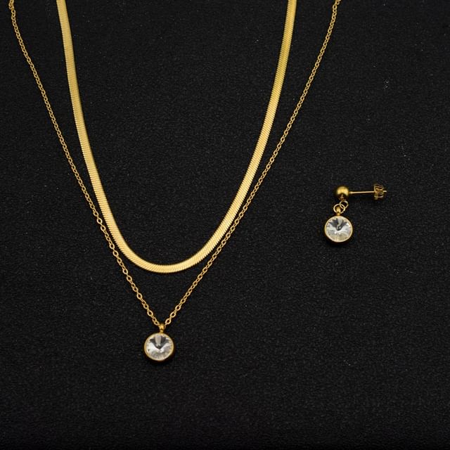Rhinestone Pendant Layered Stainless Steel Necklace / Drop Earring / Set