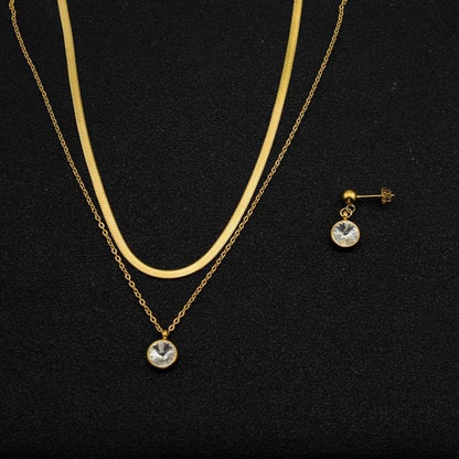 Rhinestone Pendant Layered Stainless Steel Necklace / Drop Earring / Set