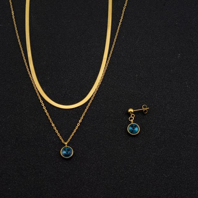 Rhinestone Pendant Layered Stainless Steel Necklace / Drop Earring / Set