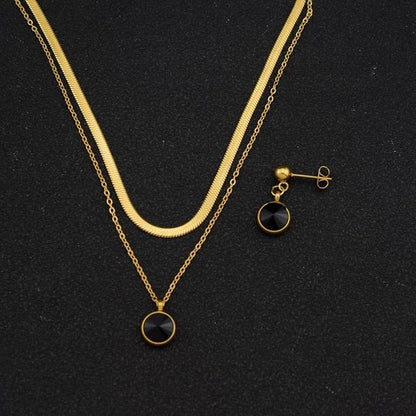 Rhinestone Pendant Layered Stainless Steel Necklace / Drop Earring / Set