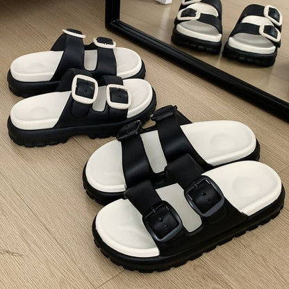 Double Buckle Platform Slide Sandals