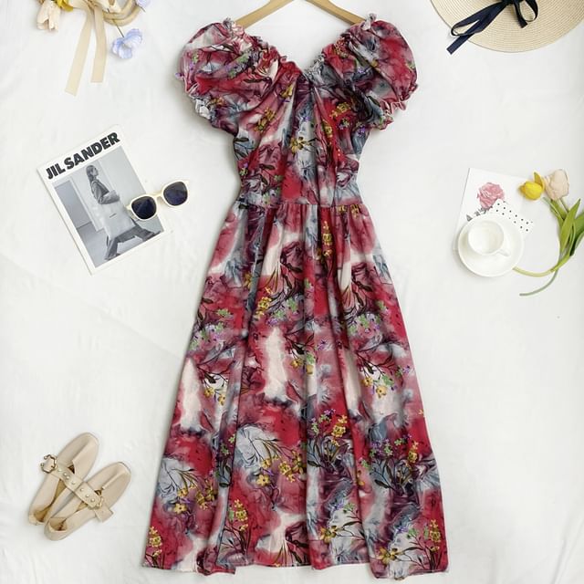 Cap-Sleeve V-Neck Floral Midi A-Line Dress