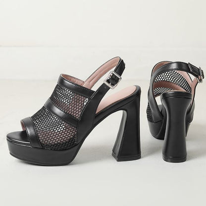Platform Slingback Panel Mesh Block Heel Sandals