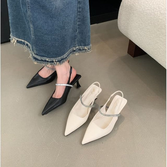 Pointed Toe Rhinestone Kitten Heel Slingback Mules