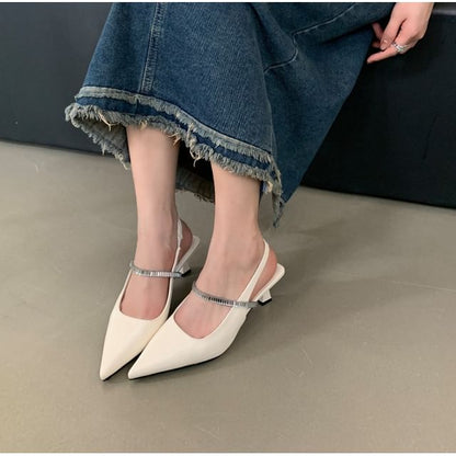 Pointed Toe Rhinestone Kitten Heel Slingback Mules
