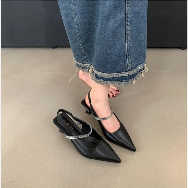 Pointed Toe Rhinestone Kitten Heel Slingback Mules