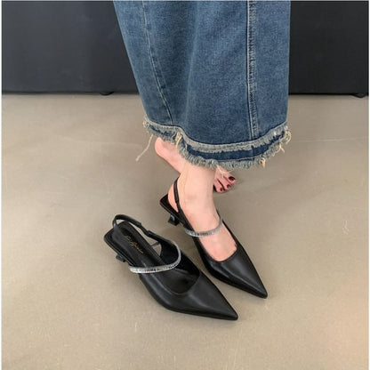 Pointed Toe Rhinestone Kitten Heel Slingback Mules