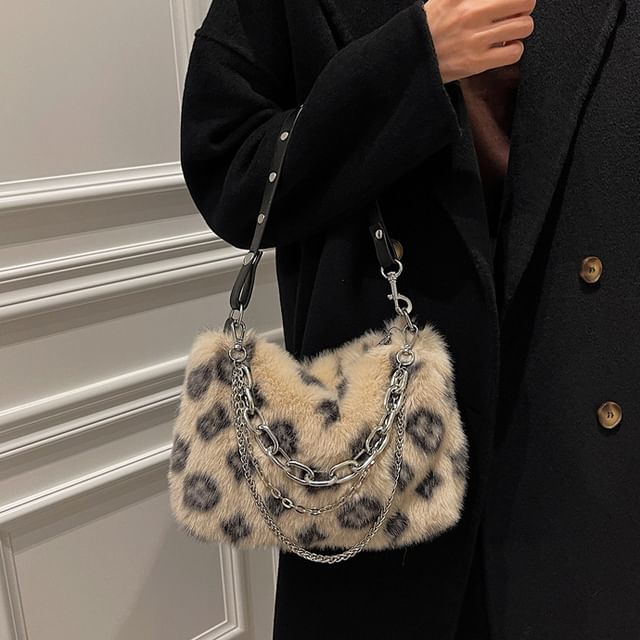 Chain Strap Leopard Print Fluffy Crossbody Bag