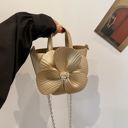 Set: Chain Strap Flower Bucket Bag + Pouch