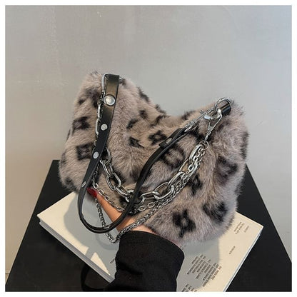 Chain Strap Leopard Print Fluffy Crossbody Bag