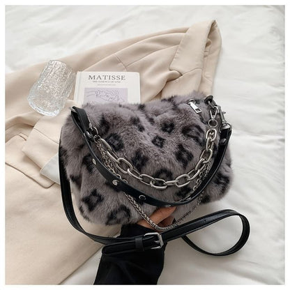 Chain Strap Leopard Print Fluffy Crossbody Bag