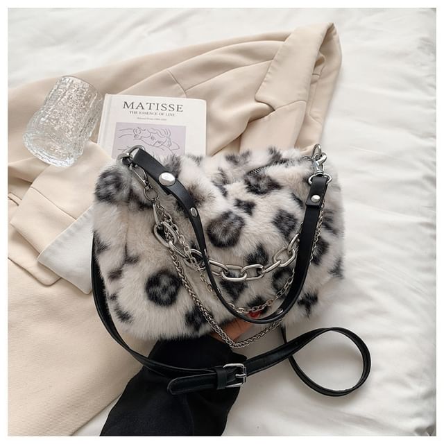 Chain Strap Leopard Print Fluffy Crossbody Bag