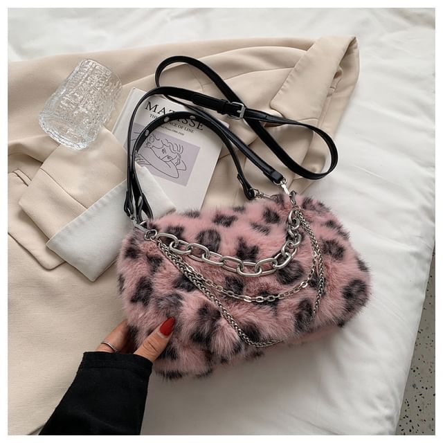 Chain Strap Leopard Print Fluffy Crossbody Bag
