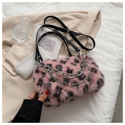 Chain Strap Leopard Print Fluffy Crossbody Bag