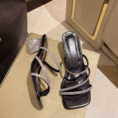 Rhinestone Strappy Chunky Heel Slide Sandals