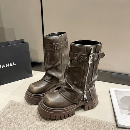 Mid-Calf Heel Chunky Platform Buckled Boots