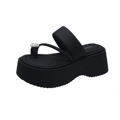 Sandals Platform Loop Heart Rhinestone Toe Slide