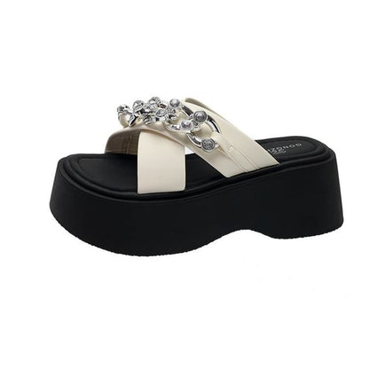 Chain Detail Platform Slide Sandals