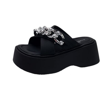 Chain Detail Platform Slide Sandals