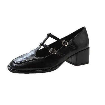 Heel Pumps Chunky Jane Double-Strap Mary Toe Square