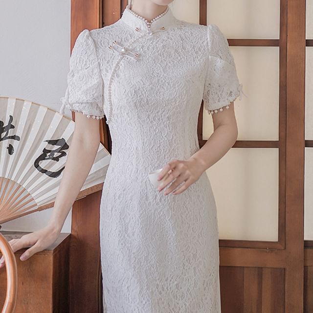 Traditional Chinese Short-Sleeve Plain Faux Pearl Fringed Frog Buttoned Slit Lace Midi Sheath Qipao