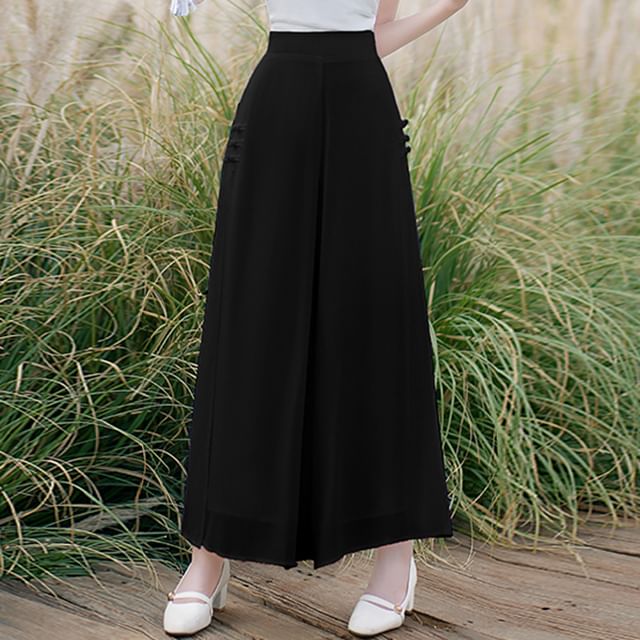 Traditional Chinese Short-Sleeve Stand Collar Plain Cutout Frog Buttoned Top / High Waist Cropped Culottes / Set