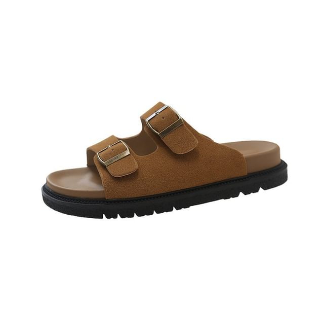 Double Buckle Plain Slide Sandals