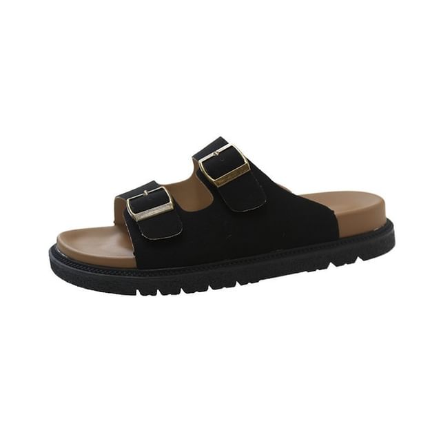 Double Buckle Plain Slide Sandals