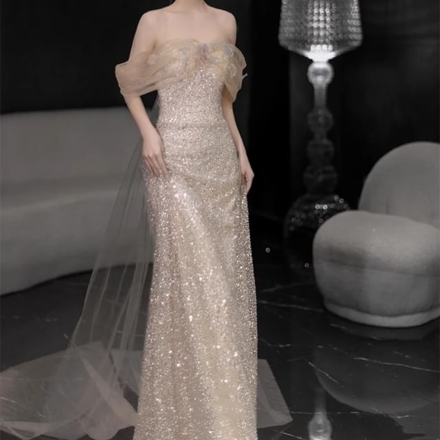 Off Shoulder Sheer Panel Sequin Sheath Evening Gown