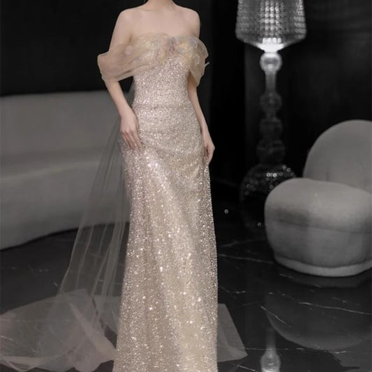Off Shoulder Sheer Panel Sequin Sheath Evening Gown