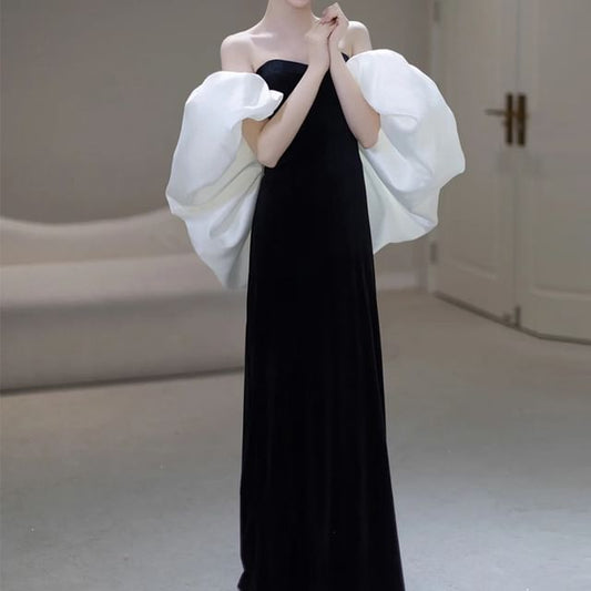 Off-Shoulder Puff Sleeve Two Tone Sheath Evening Dress