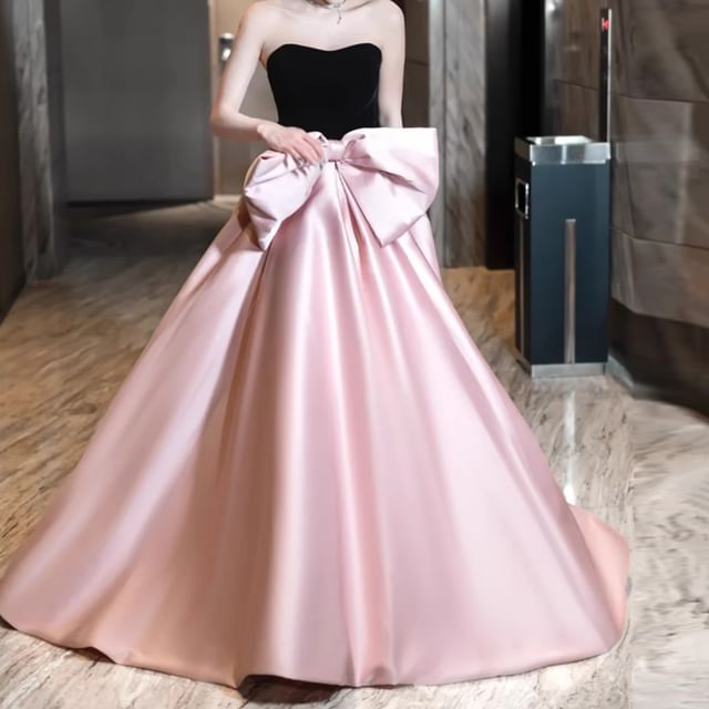 Strapless Two Tone Bowknot A-Line Evening Gown
