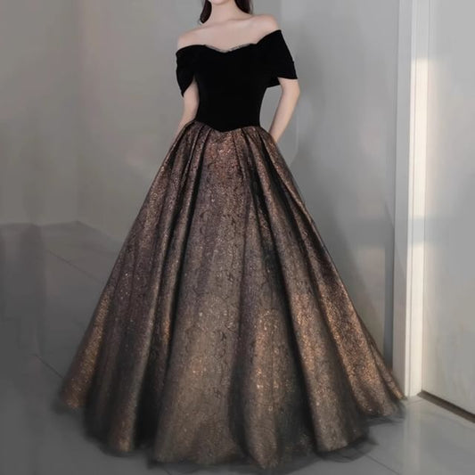 Off Shoulder Two Tone Sequin A-Line Evening Gown