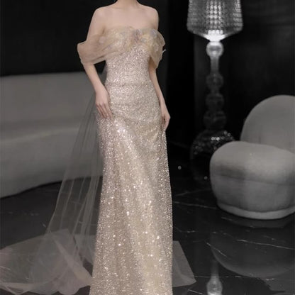 Off Shoulder Sheer Panel Sequin Sheath Evening Gown