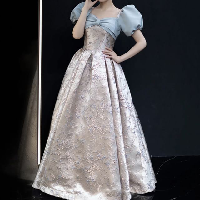 Gown Evening A-Line Sleeve Floral Puff V-Neck