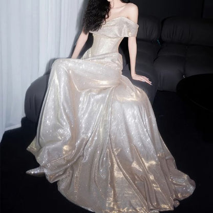 Off Shoulder Sequin A-Line Evening Gown
