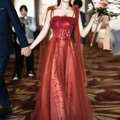 Embroidered Gown Sequin Evening Spaghetti Strap A-Line