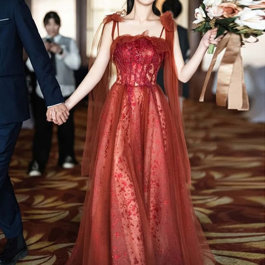 Embroidered Gown Sequin Evening Spaghetti Strap A-Line