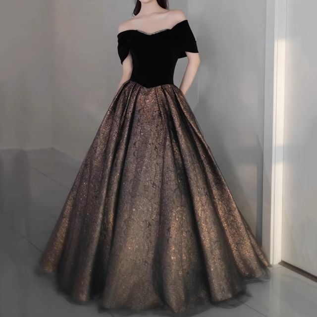 Off Shoulder Two Tone Sequin A-Line Evening Gown